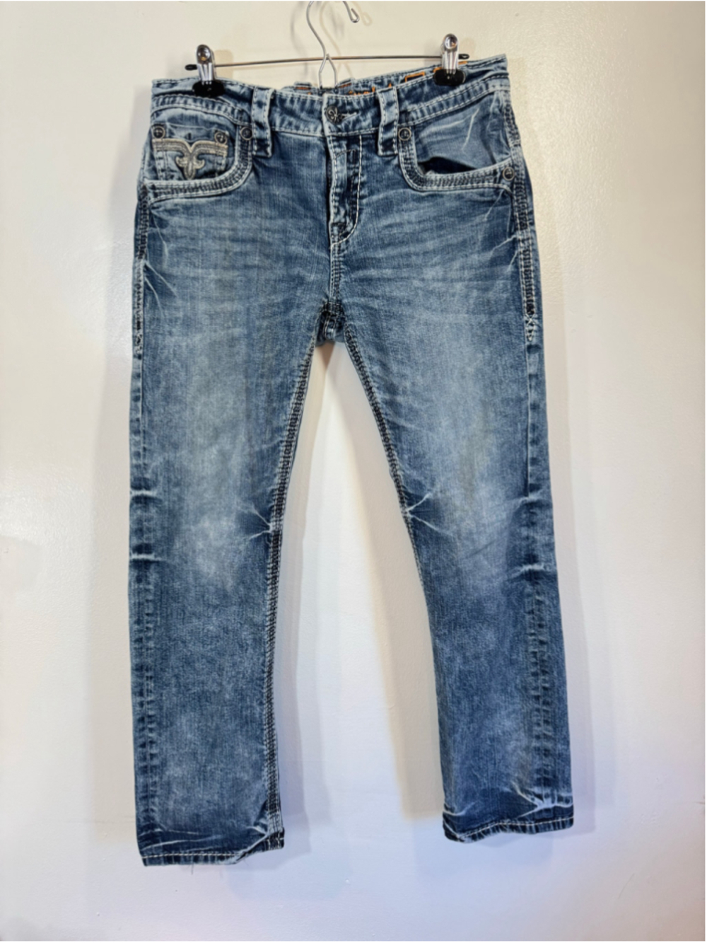 Rock Revival Cael Straight Jeans Mens 33x30 Blue Medium Wash Embroidered Denim
